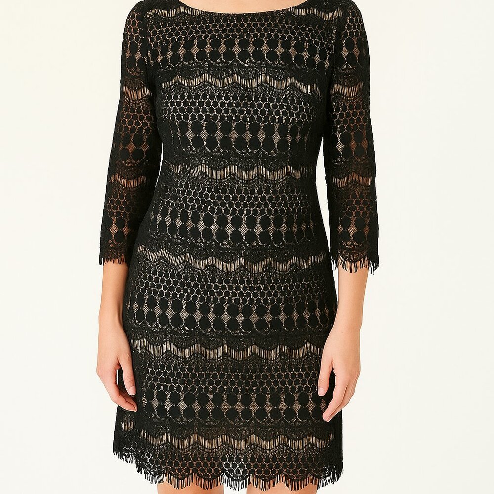 Jessica Elegant Black Lace, lined, sz 12, EUC, 3/4 sleeve